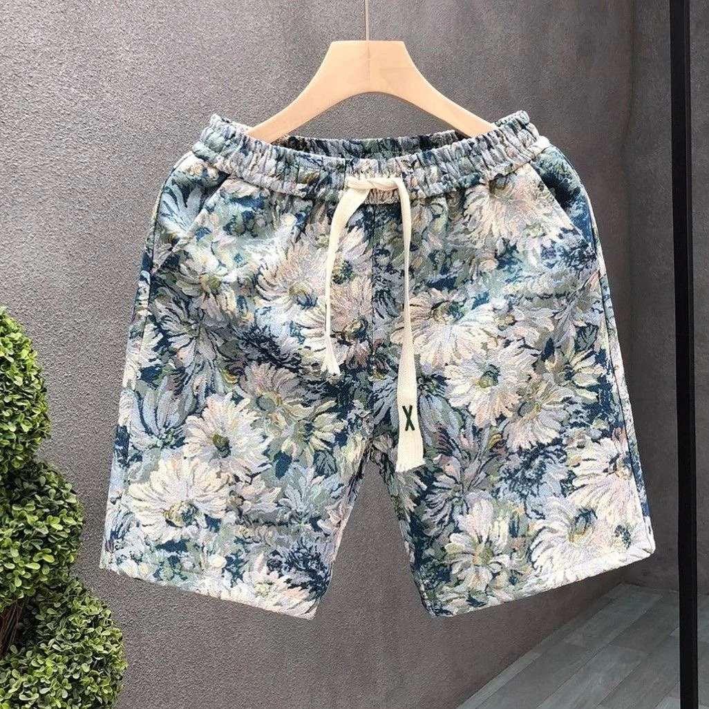 

Faionable Floral Print Men's orts Summer Casual Beach Pants mid Waist Straight Leg Five-Quarter Length Youth Active Sle