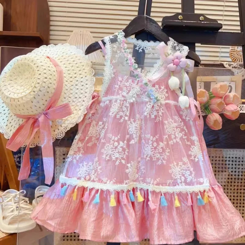 

TOY-Summer Children's Vacation Style Hollow Out Cover-Up Dress Two-Piece Set for Girls Baby Fashionable Sweet 3D Flower Outfit