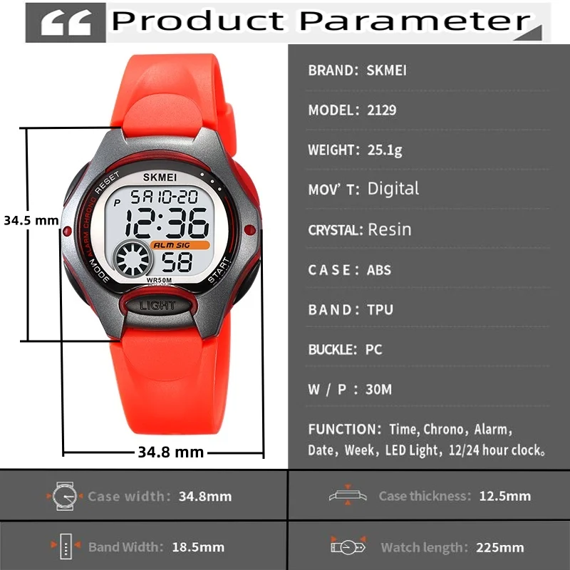 Skmei 학생 디지털 스포츠 시계, TPU 스트랩 방수 알람 시계, 다채로운 LED 크로노그래프 시간, 어린이 소년 소녀 패션