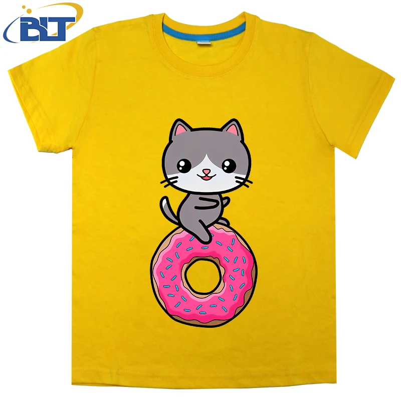 

Cat Kawaii Donut Cute printed kids T-shirt, summer cotton short-sleeved casual top, suitable for both boys and girls