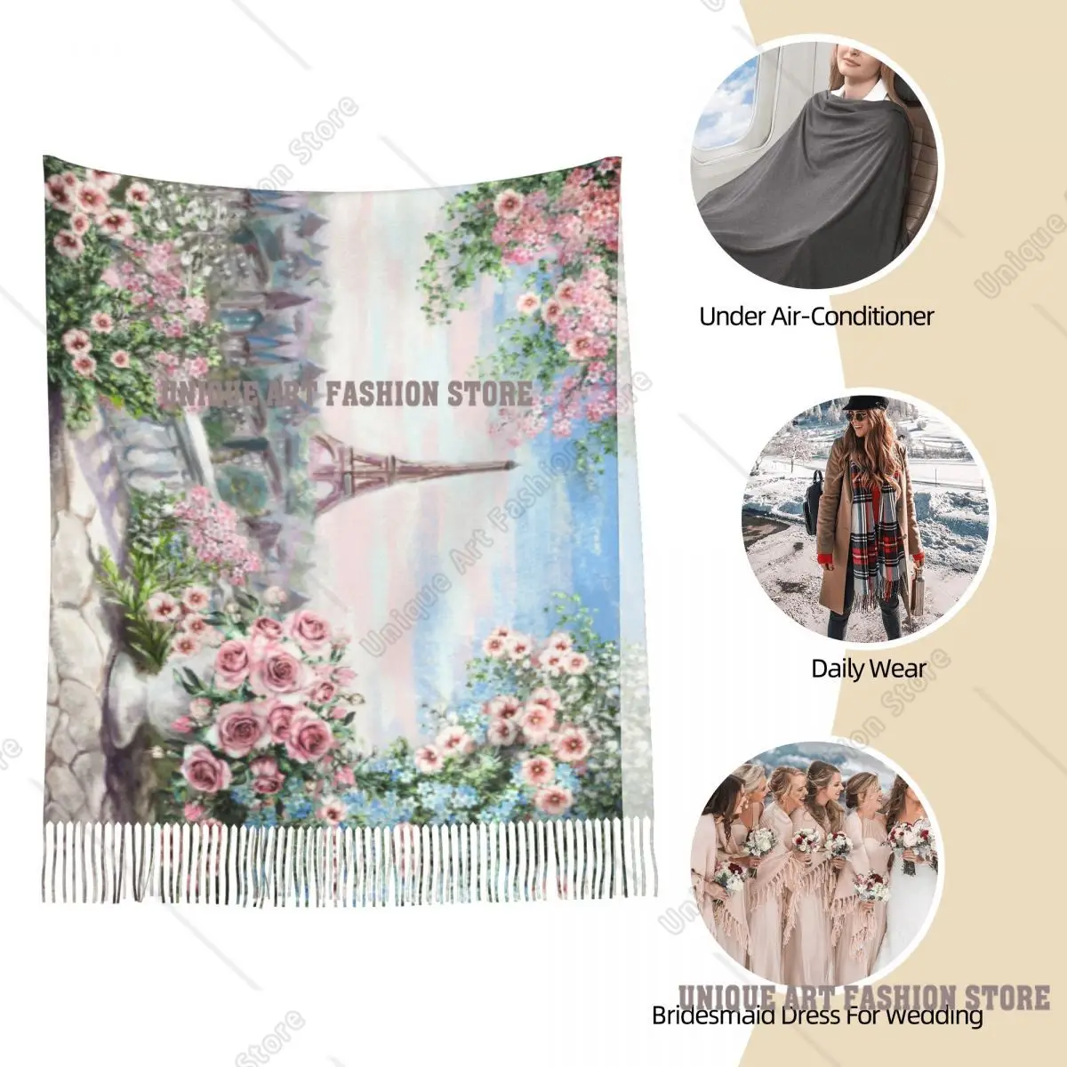 Картина маслом Франция Париж Эйфелева башня шаль накидки женский теплый большой длинный шарф акварельный цветок роза пашмина шарфы с кисточками