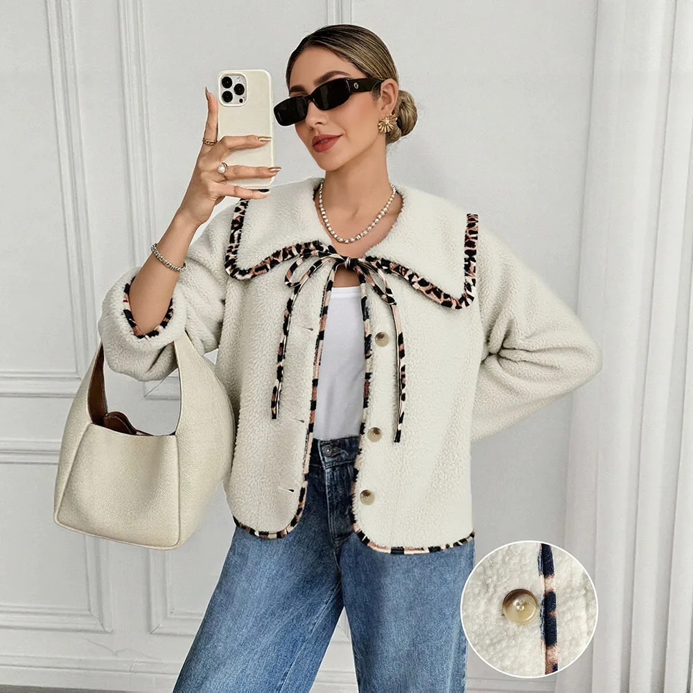 

Bestseller Leopard Patchwork Lamb Wool Coat Single Breasted Thick Long Sleeve Jacket Casual Fashion Warm Outerwear For Women