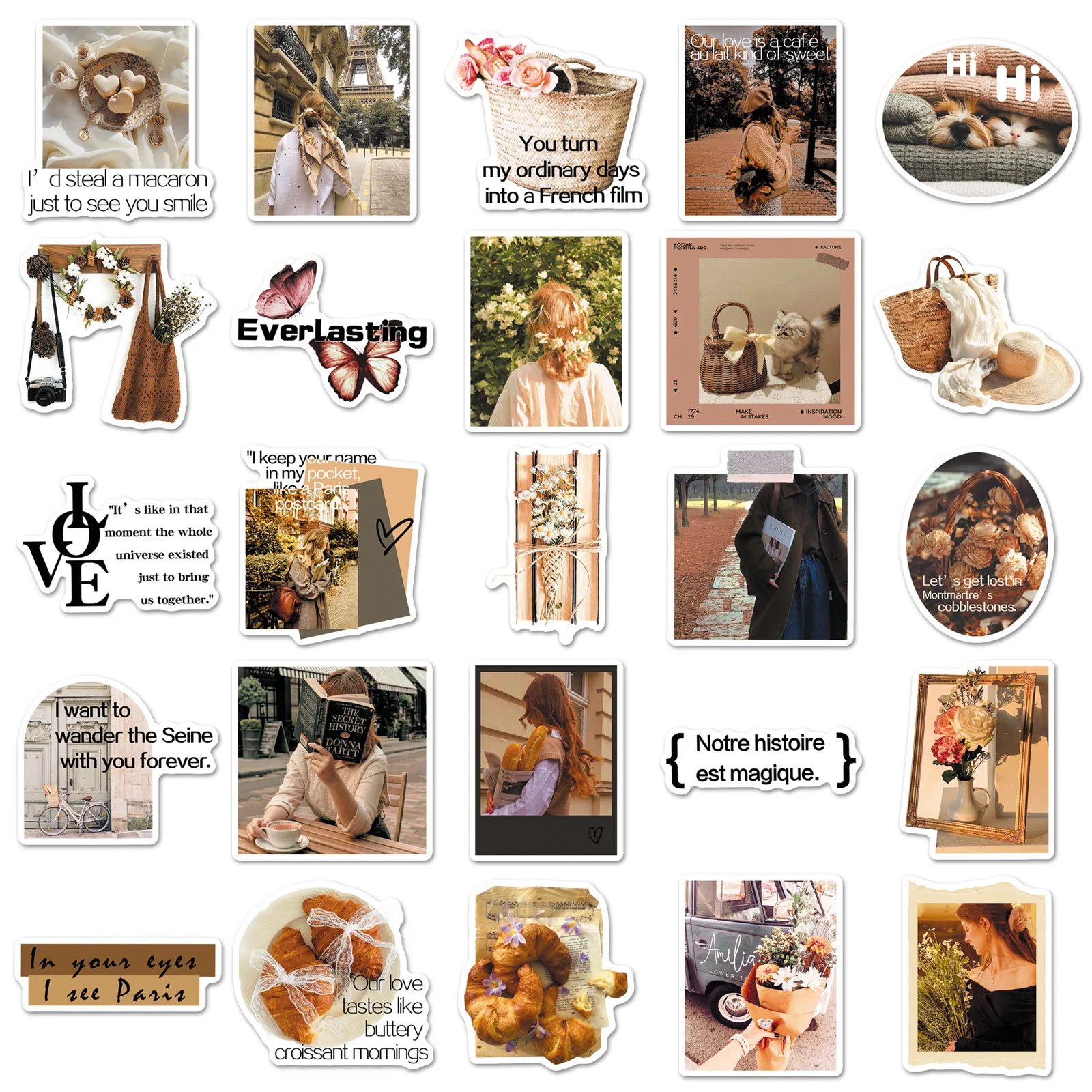 10/50 PIÈCES Français Romance INS Style Autocollants Créativité Rétro Graffiti Décoration BRICOLAGE Carnet Valise Guitare Téléphone Jouets Autocollants