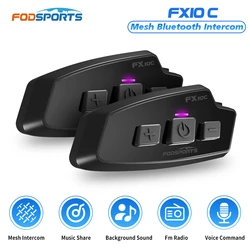 2pcs Fodsports FX10C Motorcycle Bluetooth Mesh Intercom Helmet Bluetooth Headset,Music Share,FM Radio,1000M.