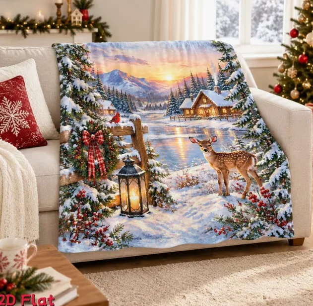 Cozy Christmas Deer Scene Blanket - Winter Wonderland Design Perfect for Sofa Camping Travel Features a Warm Glow Lantern Snowy