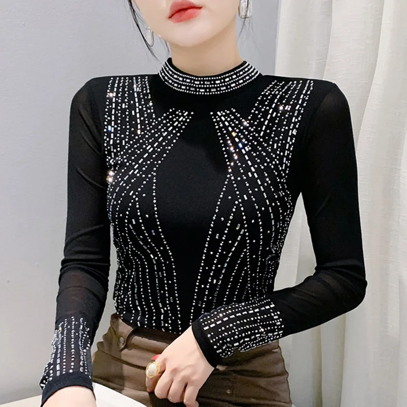 

Весенне-осенняя новая женская футболка с длинными рукавами и воротником-стойкой, модные повседневные сетчатые топы с бриллиантами M-3XL, леопардовая рубашка