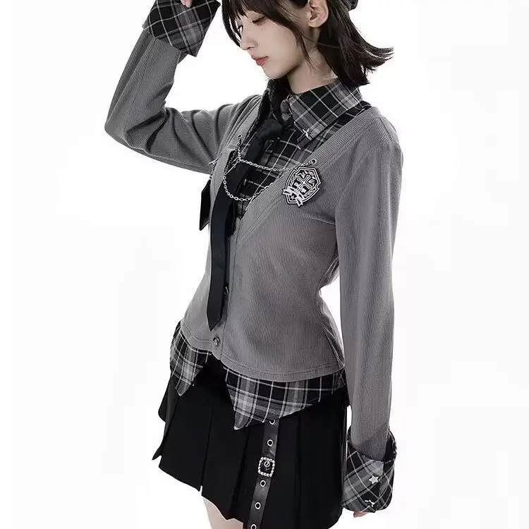 القوطية خمر 2 قطعة تنورة مجموعة حار الفتيات منقوشة المرقعة وهمية اثنين القمم شارع العليا Y2k تنورة صغيرة نمط Preppy مجموعة الموضة #3