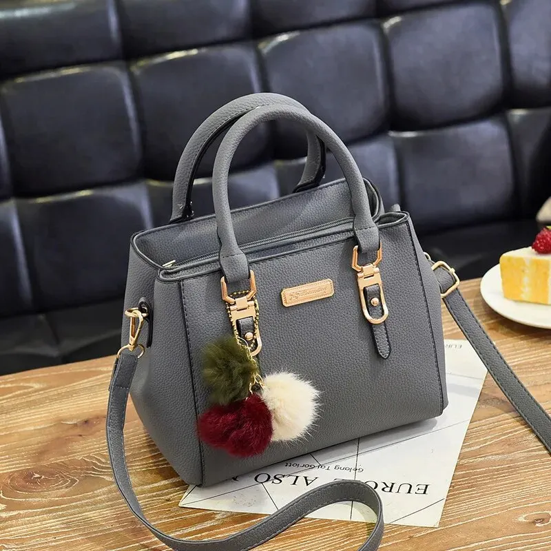 Fashion PU Leather Bucket With Hairball Ornaments Women Handbag Vintage Solid Color Top Handle Shoulder Crossbody Bags