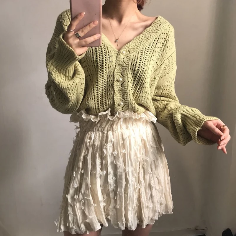 الخامس الرقبة طويلة الأكمام محبوك الجوف خارج سترة الربيع والخريف المرأة فضفاضة الحلو بالأزرار لباس خارجي سترة أنيقة غير رسمية #4