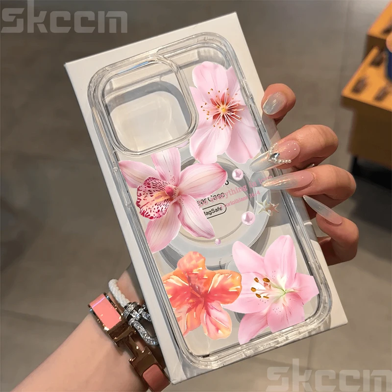 Funda de teléfono Floral de hibisco y flor para iPhone 16 Pro Max 15 14 Plus 11 12 13 X XS XR 16E Magsafe cubierta de carga inalámbrica magnética