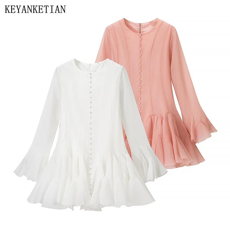 

KEYANKETIAN Spring/Autumn New Women's Flare sleeve Mini Dress French Style Chic Tiered Ruffles Single Breasted Slim Puffy Dress