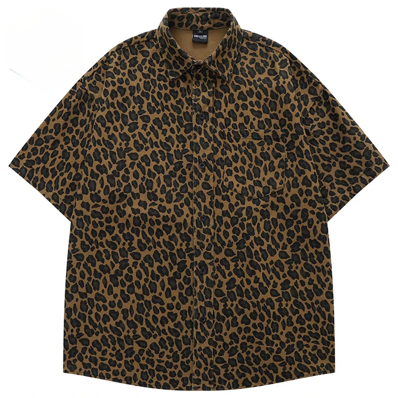 

Men Vintage Leopard Shirts Streetwear Harajuku Hip Hop Oversized Shirts Button Up Blouse Casual Loose Shirts