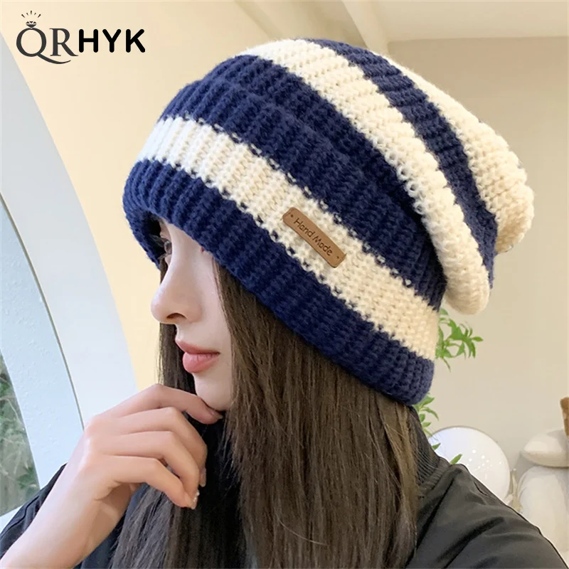 Zimowe ciepłe czapki dla kobiet Casual Stacking Knitted Bonnet Caps Men Hats Stripe Hip Hop Unisex Female Beanies