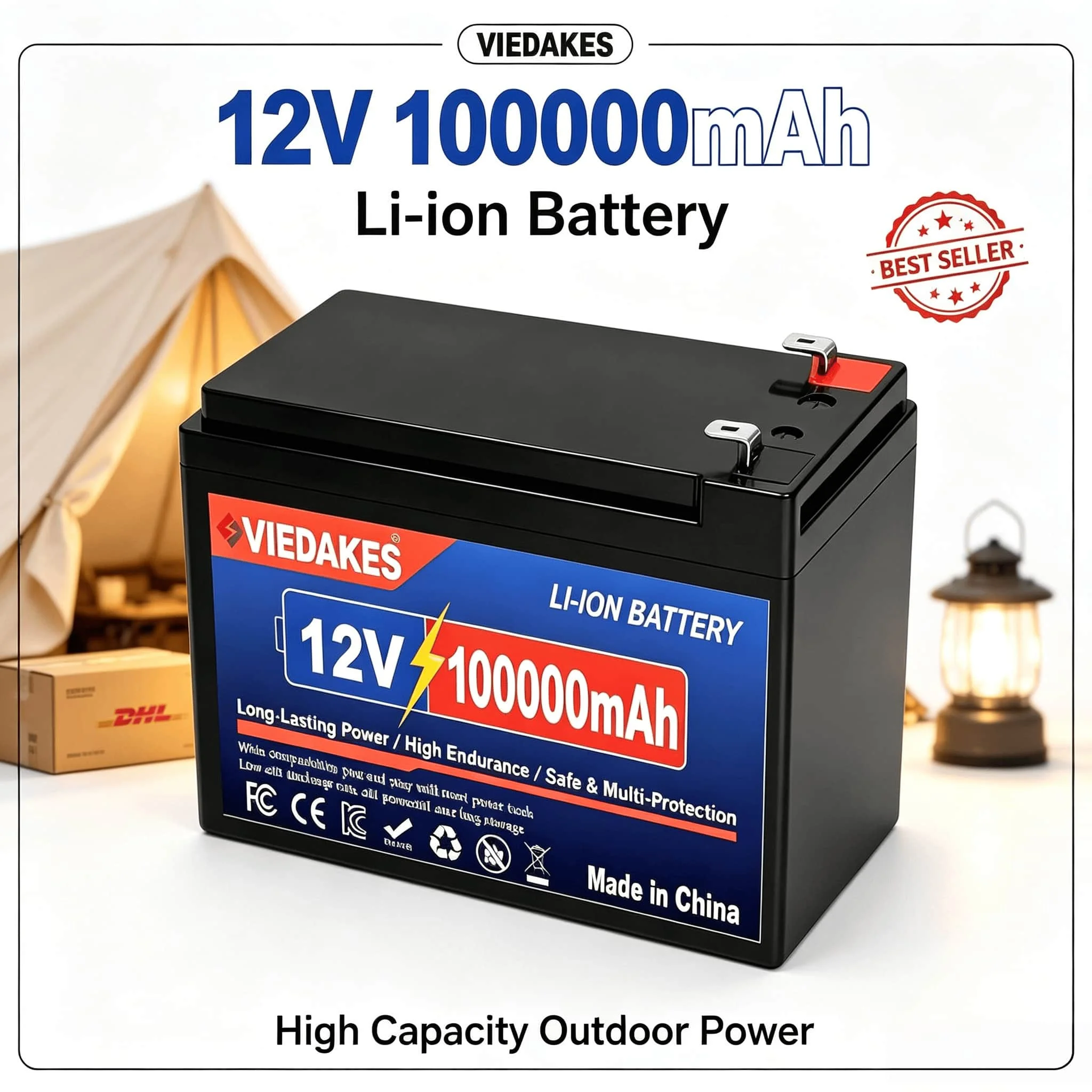VIEDAKES 12V 60Ah LiFePo4 Deep Cycle Battery Built‑in BMS Plug‑and‑Play for Solar Panel Household Camping Backup Power