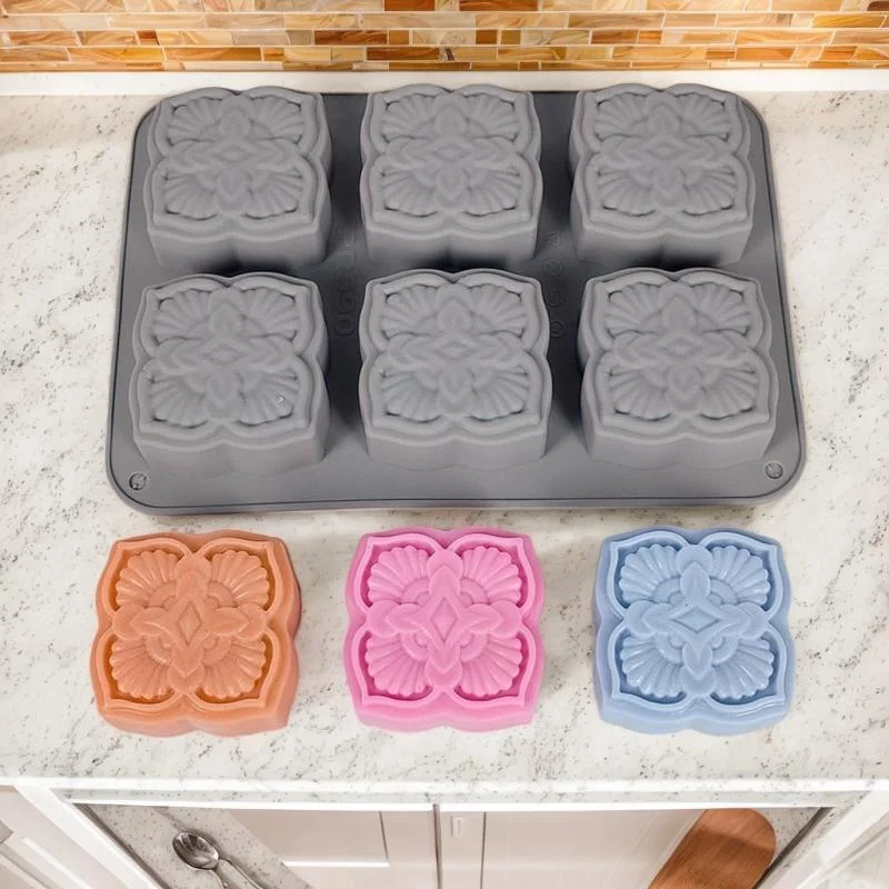[YU]6-Cavity Vintage Floral Silicone Soap Mold - European Style Square Craft Mold For DIY Handmade Soaps Candle Making