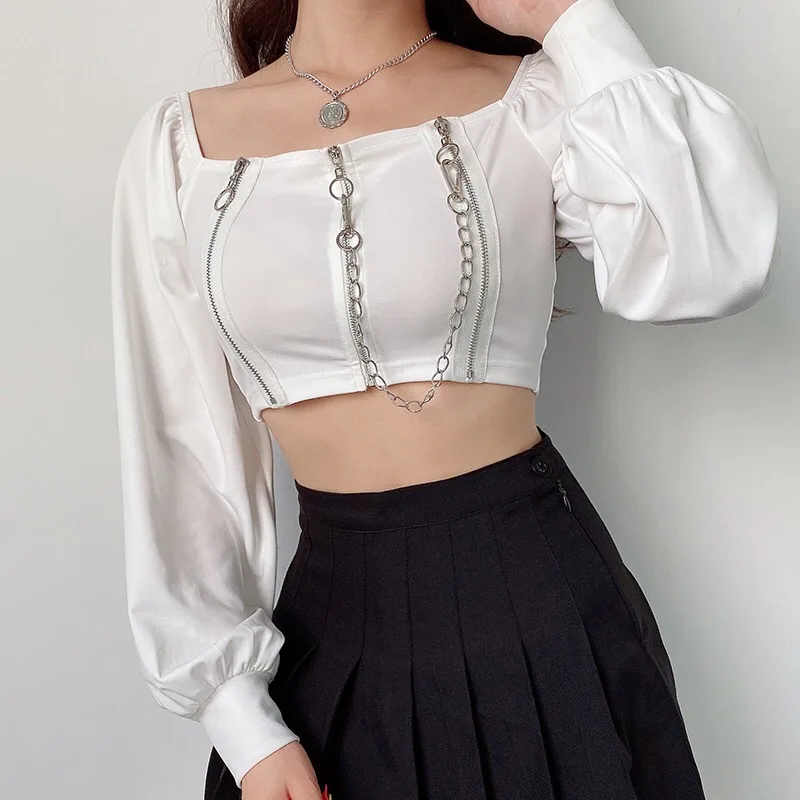 Y2K New Summer Long Sleeve Tops Tee Short Fashion Retro Style Chain Solid Crop T-shirt Cross Collar Slim Cotton Pullover Tshirts