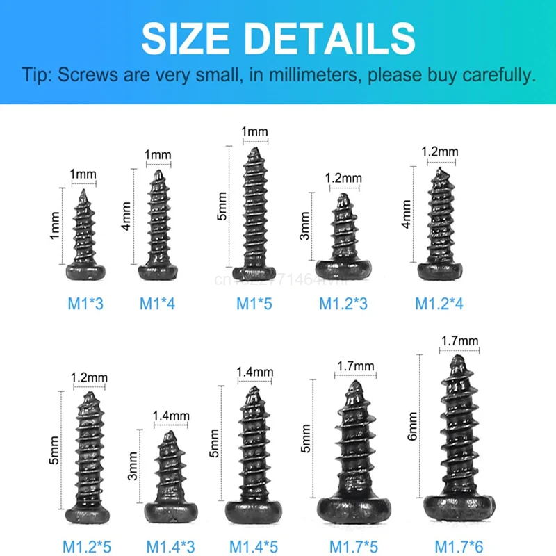 Juego de microtornillos de cabeza redonda autorroscantes para madera pequeña electrónica, M1, M1.2, M1.4, M1.7, Mix Pa, 500/1000 unidades