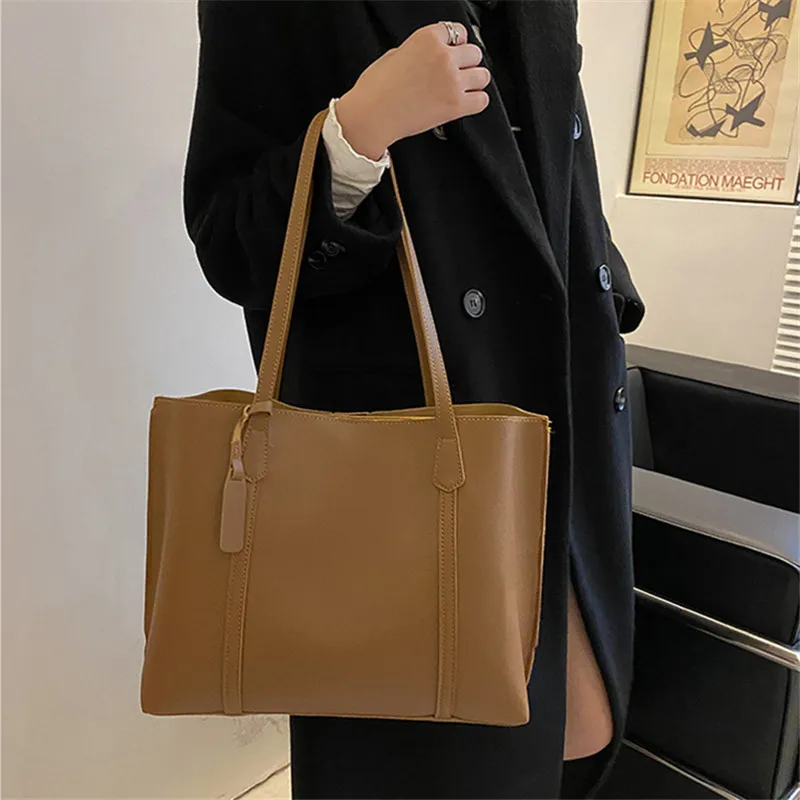 Classic Black Faux Leather Tote Bag, Large Capacity Handbag Purse Shoulder Bags with Long Straps, Versatile Work & Daily Use