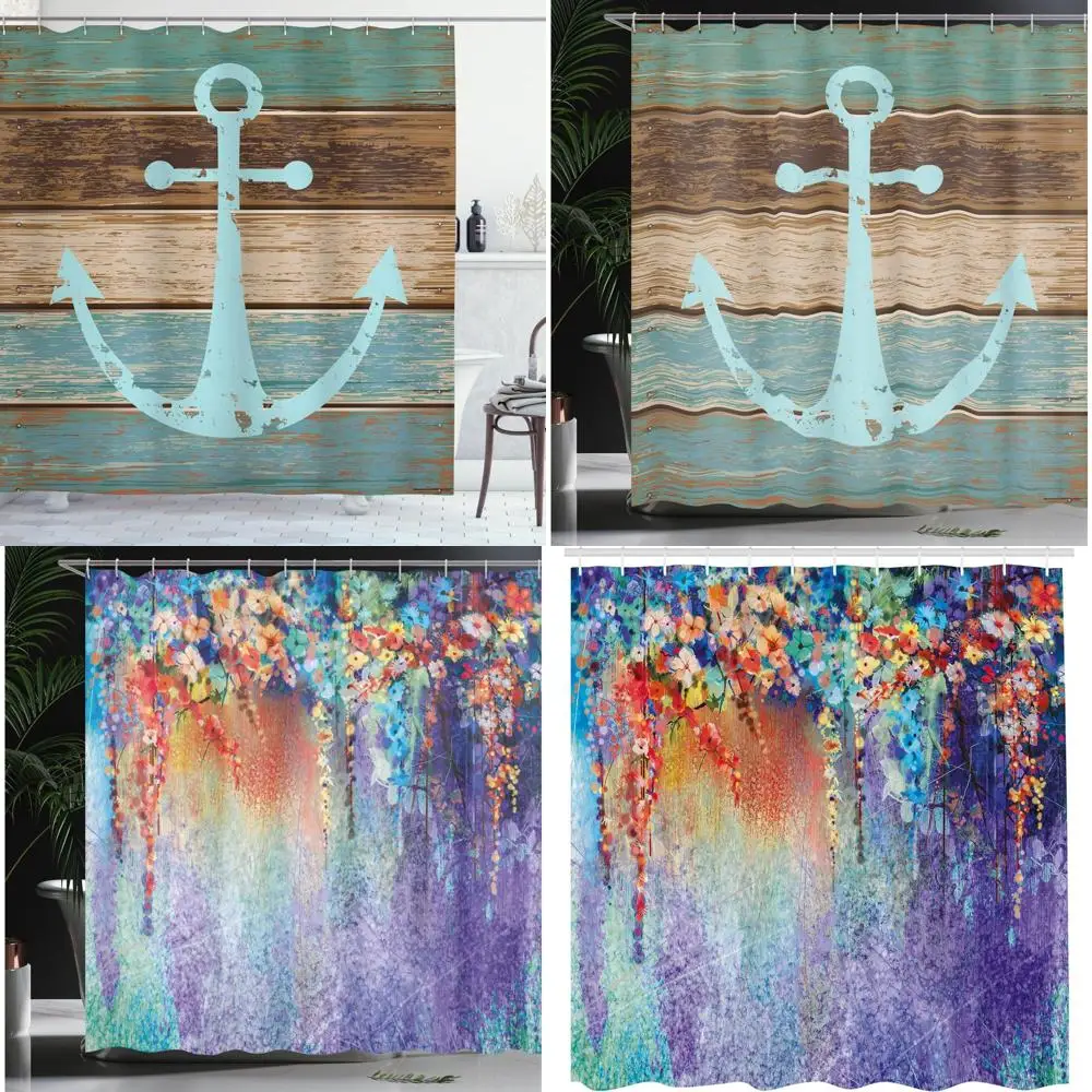 

деревянный якорь морской тематики, длинная занавеска для душа, ткань