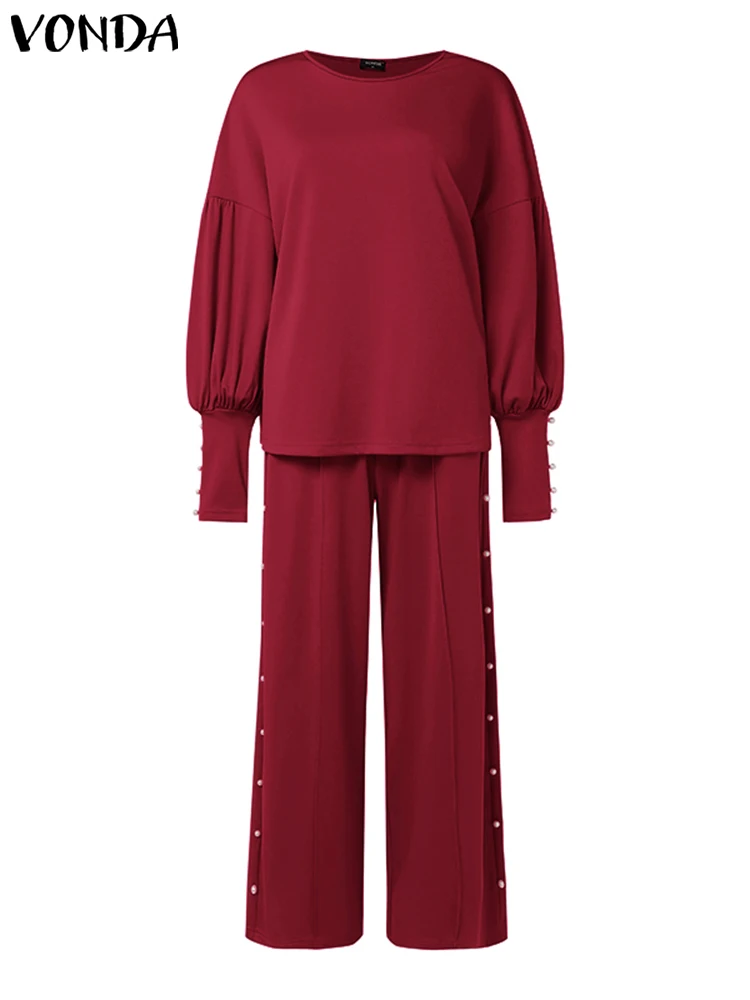 

VONDA 2025 Elegant Women Pant Sets Summer 2PCS Long Lantern Sleeve Tops Loose Trousers Causal Solid Matching Suits Oversized