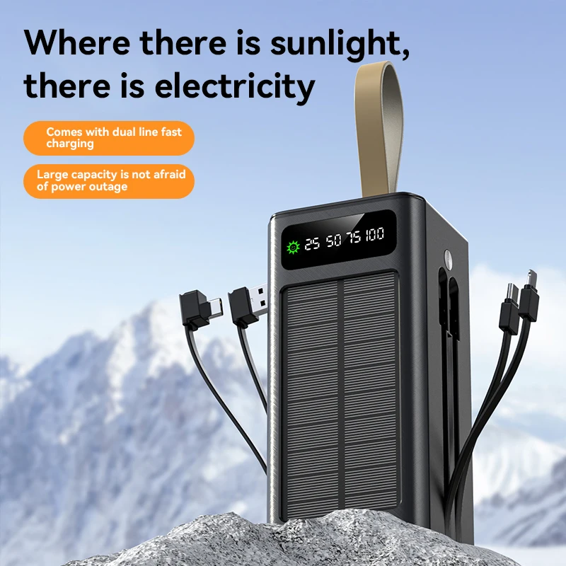 Lenovo 50000mAh Thicken Solar Power Bank High-capacity Built-in Cables External Battery LED Light Power Bank for  iPhone Xiaomi