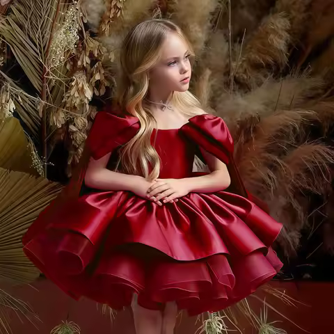 Satin Puffy Red Dress For Christmas Girls Party Dresses Flower Girl Wedding Dress Elegant Evening Ball Gown Children's Clothing