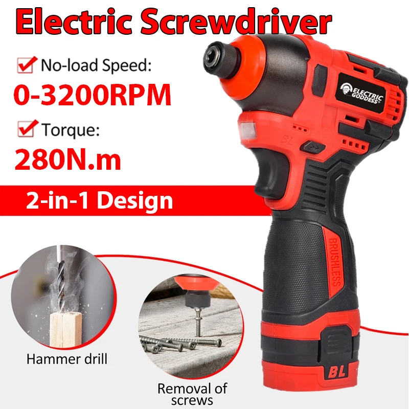 

Electric Goddess 3200rpm Cordless Impact Driver 280Nm Brushless Motor Electric Drill Wood/Bolt/T-Mode For Dewalt 20V Battery