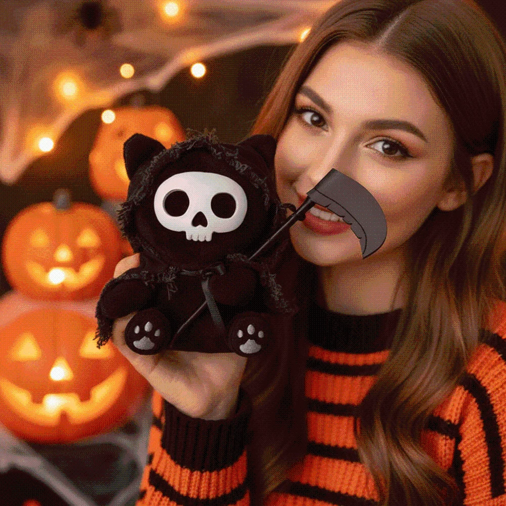 Ghost Cat Ornament Stuffed Reaper Cat Plushies Black Spooky Halloween Cat Toy Soft Lightweight Gothic Skull Doll Car Pendant