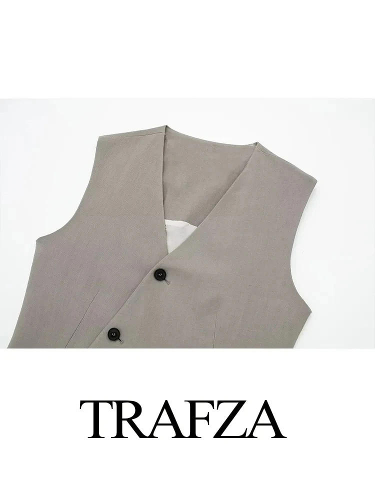 TRAFZA Spring Female Solid Pants Suit Asymmetric Sleeveless Single Breasted Vest Top+Casual High Waist Loose Tousers Streetwear