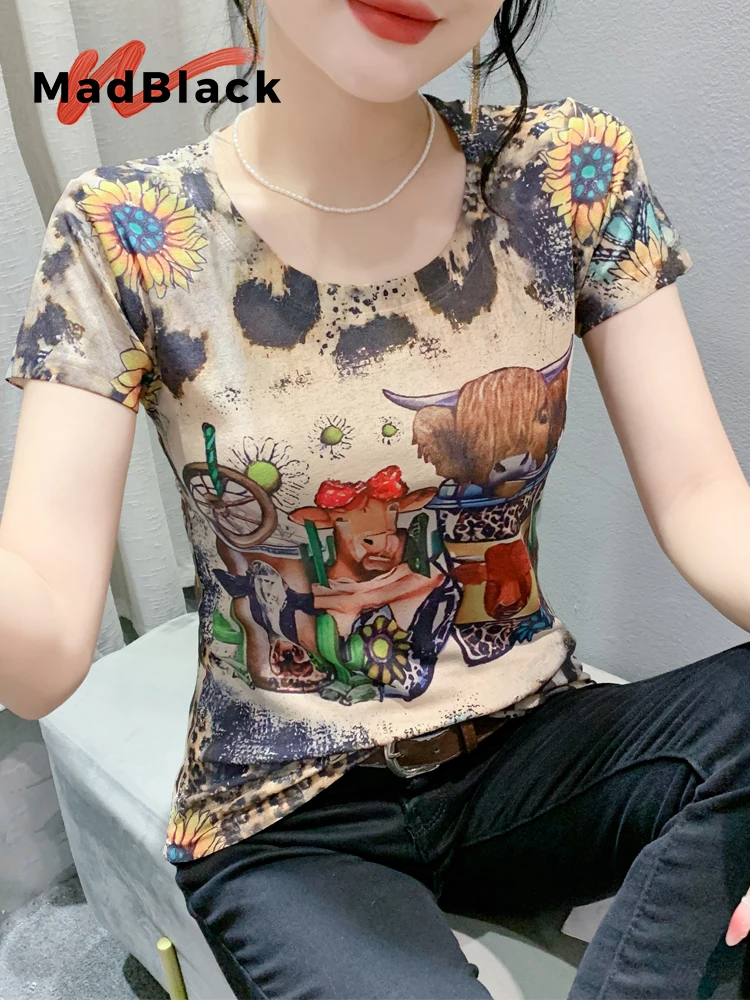 

MadBlack-женская европейская футболка, сексуальный круглый вырез с мультяшным принтом, клубная одежда, тонкая трикотажная футболка с короткими рукавами S-3XL, лето 2021, T56646CC