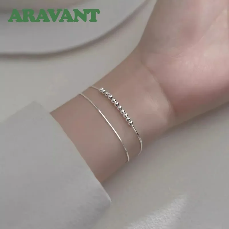 ARAVANT 925 Silver Double Layers Bead Snake Chains Bracelets For Women Fashion Jewelry Gifts