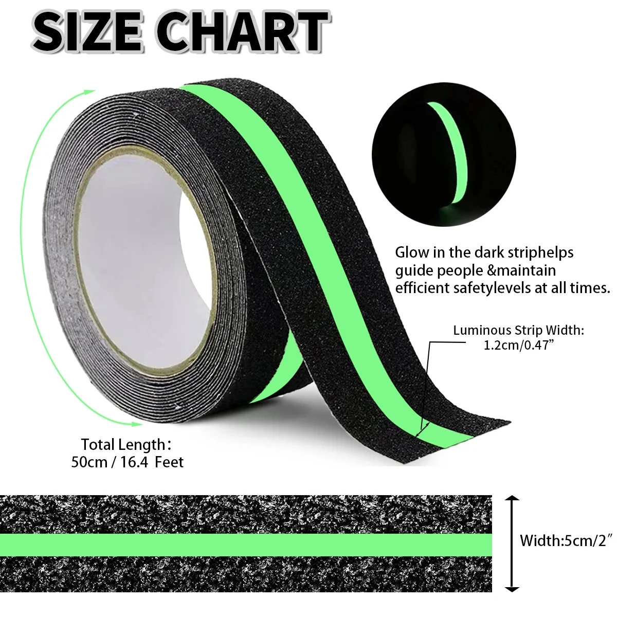 Anti Slip Traction Tape Glow in Dark Green Stripe Friction Abrasive Adhesive Non Skid Tape For Stair Tread Step Indoor Outdoor