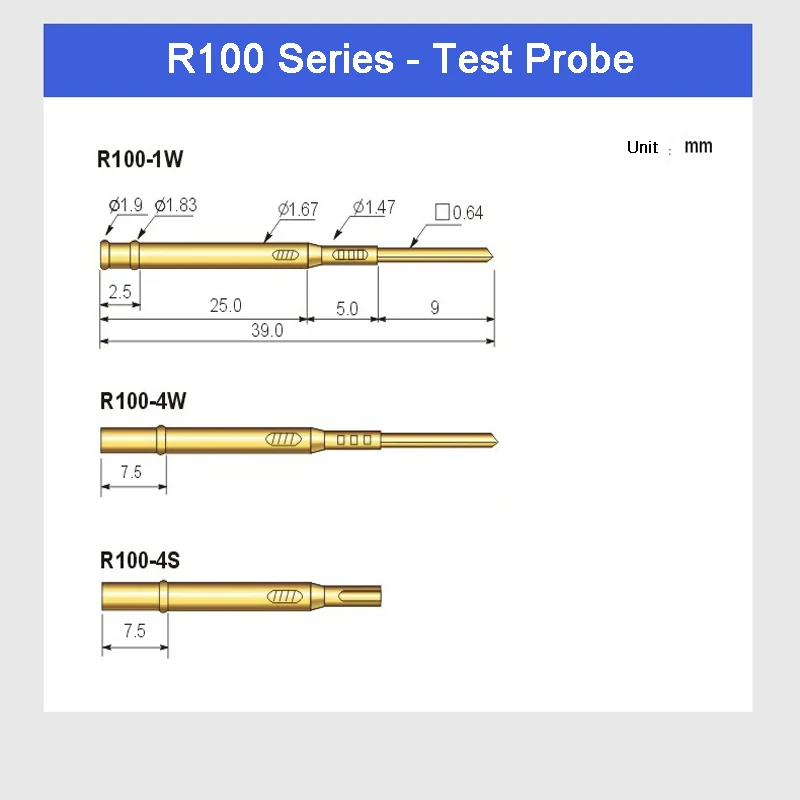 Sonda de teste de mola de latão série p100 r100, com diâmetro de agulha banhado a níquel, pino de teste escalável de mola eletrônica, pino pogo com 10 peças