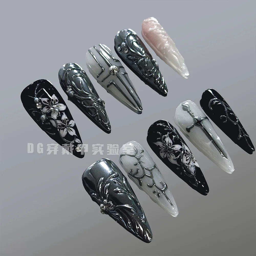 10 PCS Retro Cool Sweet Star Flower Cross Dot Nail Patch Lace Line Diamond Wing Metal ball Almond Press-On Nail Hand Accessories