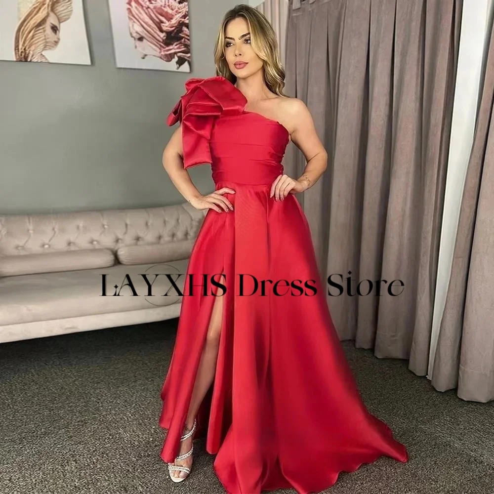 LAYXHS Vestidos de noite elegantes com laço vermelho, um ombro, linha A, fenda lateral, vestidos de baile personalizados