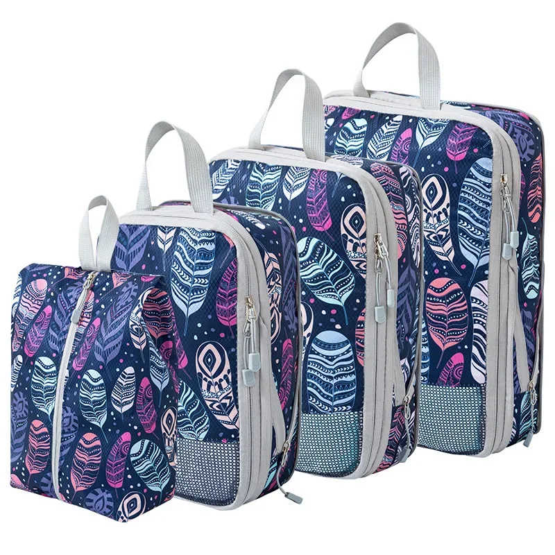 4Pcs/Set Printed Compression Storage Bag Large Capacity Expandable Luggage Storage Bags Set Dampproof Foldable Suitcases Bag