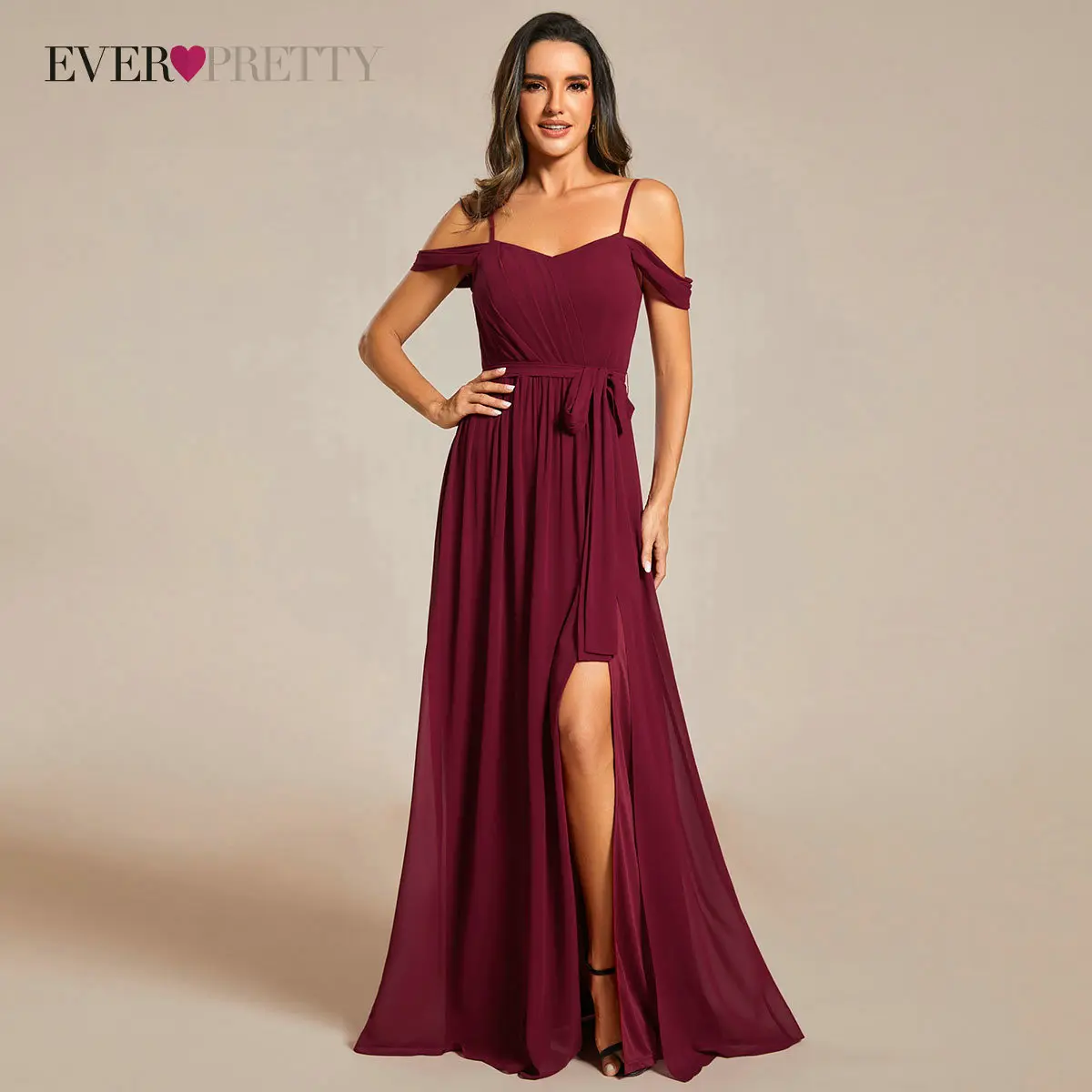 Ever Pretty Elegant A Line Sweetheart Neckline Cold Shoulder Chiffon Bridesmaid Dress 2024 Long Wedding Party Dresses With Split