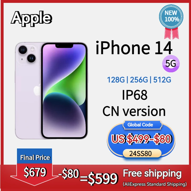 

Apple iPhone 14 A2884 iOS 17 Apple A15 Bionic Super Retina XDR OLED дисплей IP68 Защита от пыли/воды две SIM-карты 100% Новый оригинальный