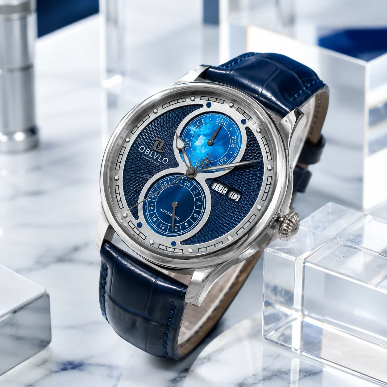 OBLVLO Herren 42mm Automatikuhr Blaues Zifferblatt Edelstahl Leuchtende Zeiger Lederarmband Mechanisches Uhrwerk Zeitmesser AM-PW