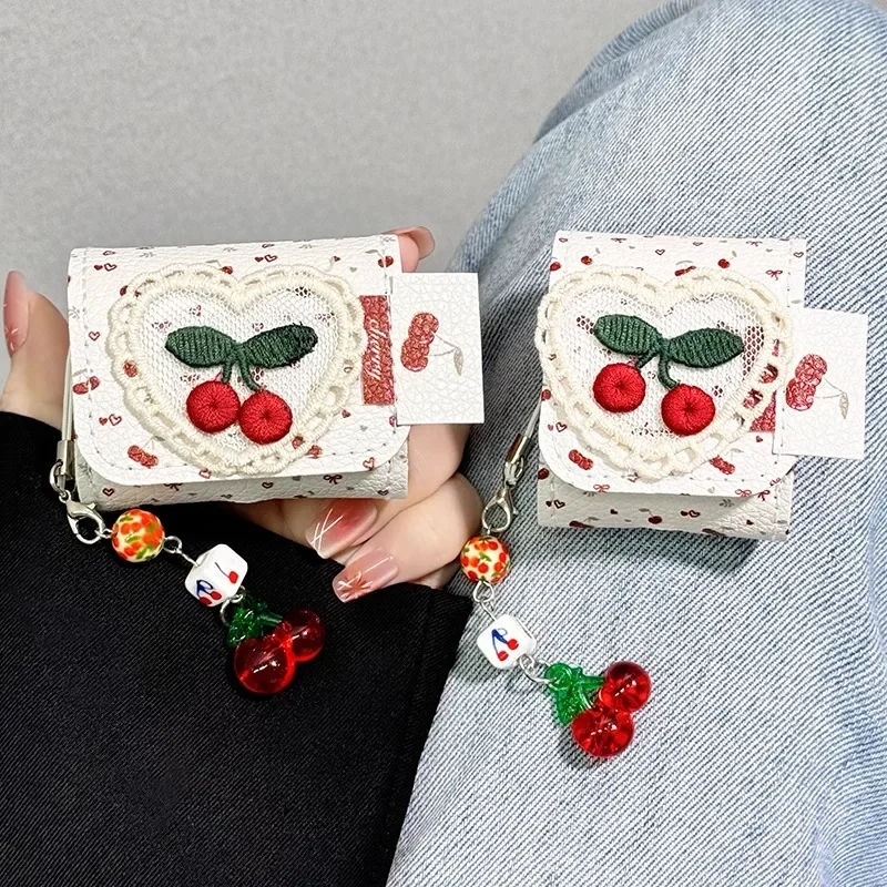 Cute Embroidered Cherry Pendant Flip Cover Wireless Bluetooth Headphone Case for Airpods1/2/3/4/pro Fashion Earphone Accessories