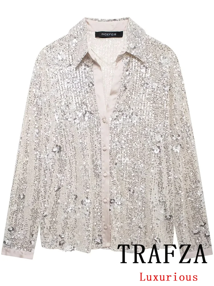 TRAFZA Vintage Chic Sequined Women Blouse Long Sleeve Turn-down Collar Single Breasted Blouse Fashion 2024 Autumn Winter Shirts