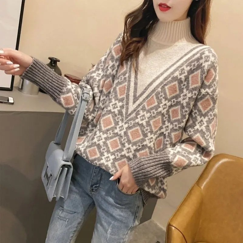 Autumn Winter Korean Female Geometric Jacquard Sweaters Vintage Fashion Patchwork Turtleneck Knitted Jumpers Women\'s Clothing