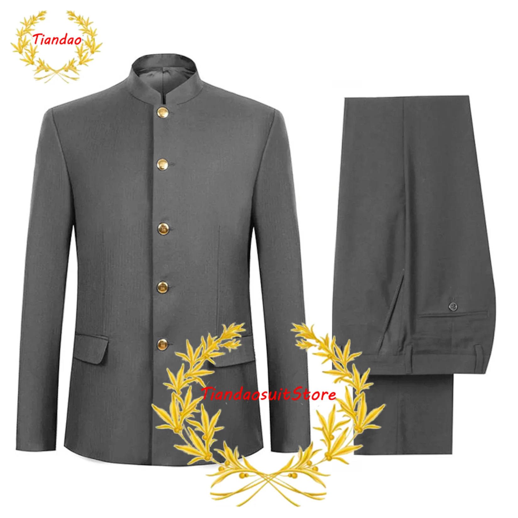 Men\'s Suit 2 Piece Wedding Tuxedo Formal Stand Collar Jacket Pants Slim Fit Blazer Trousers Set Groomsmen Outfit