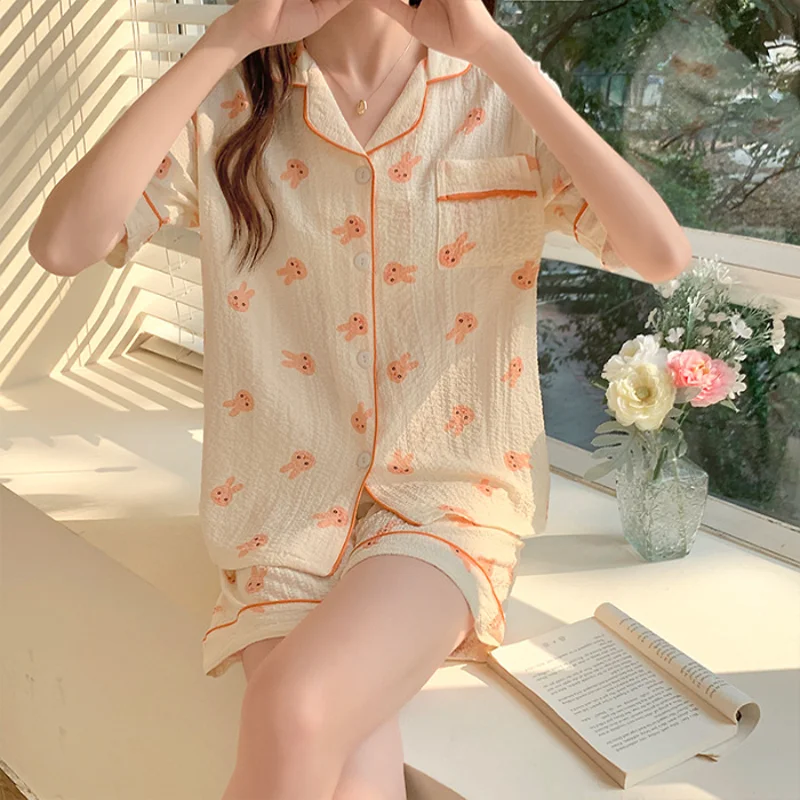 Summer Pajamas Homewear Suit Women Cartoon Summer Girls Cute Short-Sleeved Shorts Woven Bubble Cotton Loose Pajamas Homewear