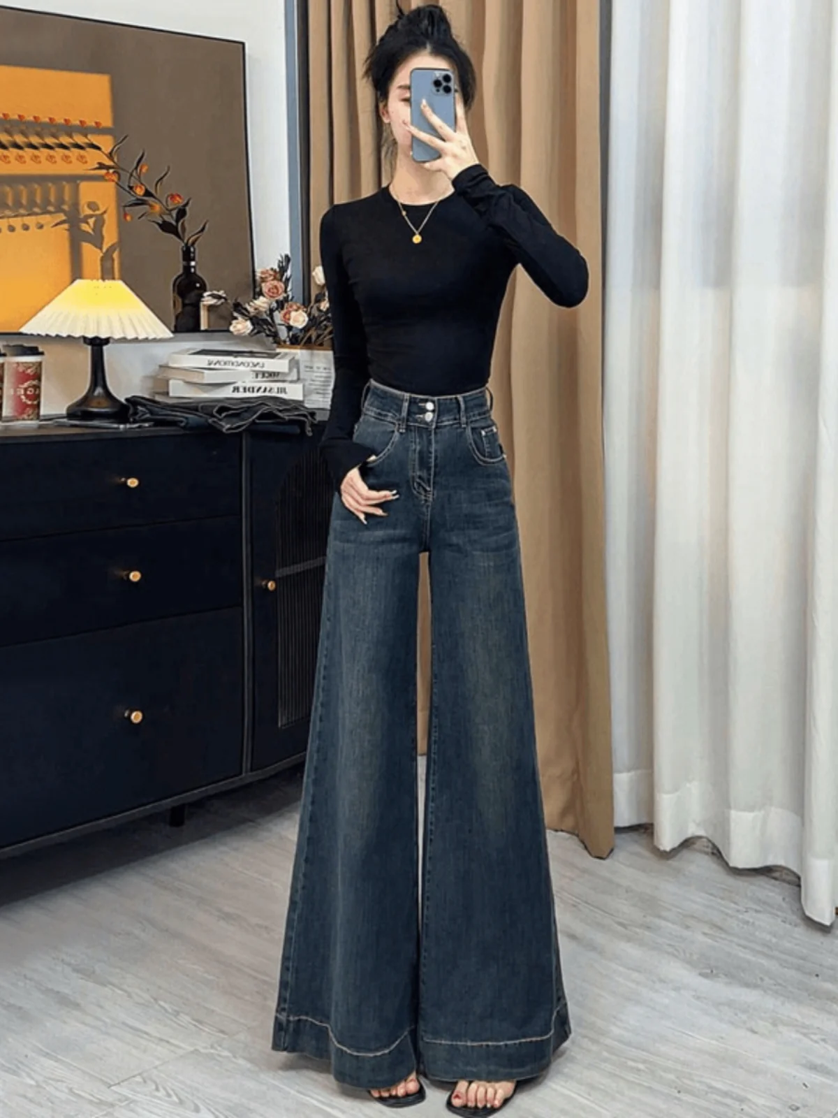 American Retro Wide Leg Denim Jeans Women's Small Size Loose Slimming Draping Narrow Version Large Cuff Floor-Length Pants