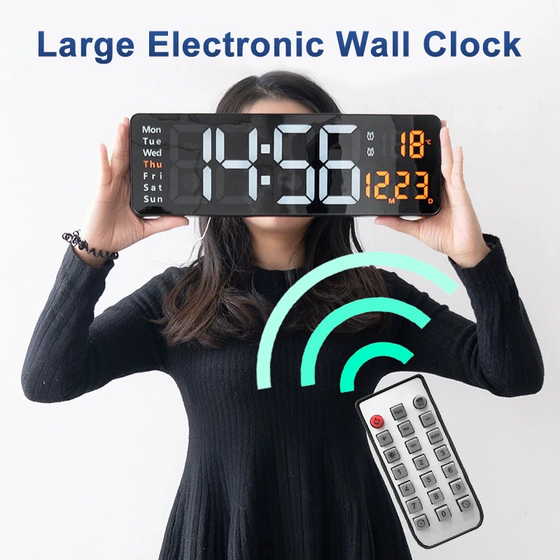 Large Electronic Wall Clock Remote Control Temp Date Week Display Dual Alarms Wall-mounted 12/24H LED Alarm Clock for Home Decor