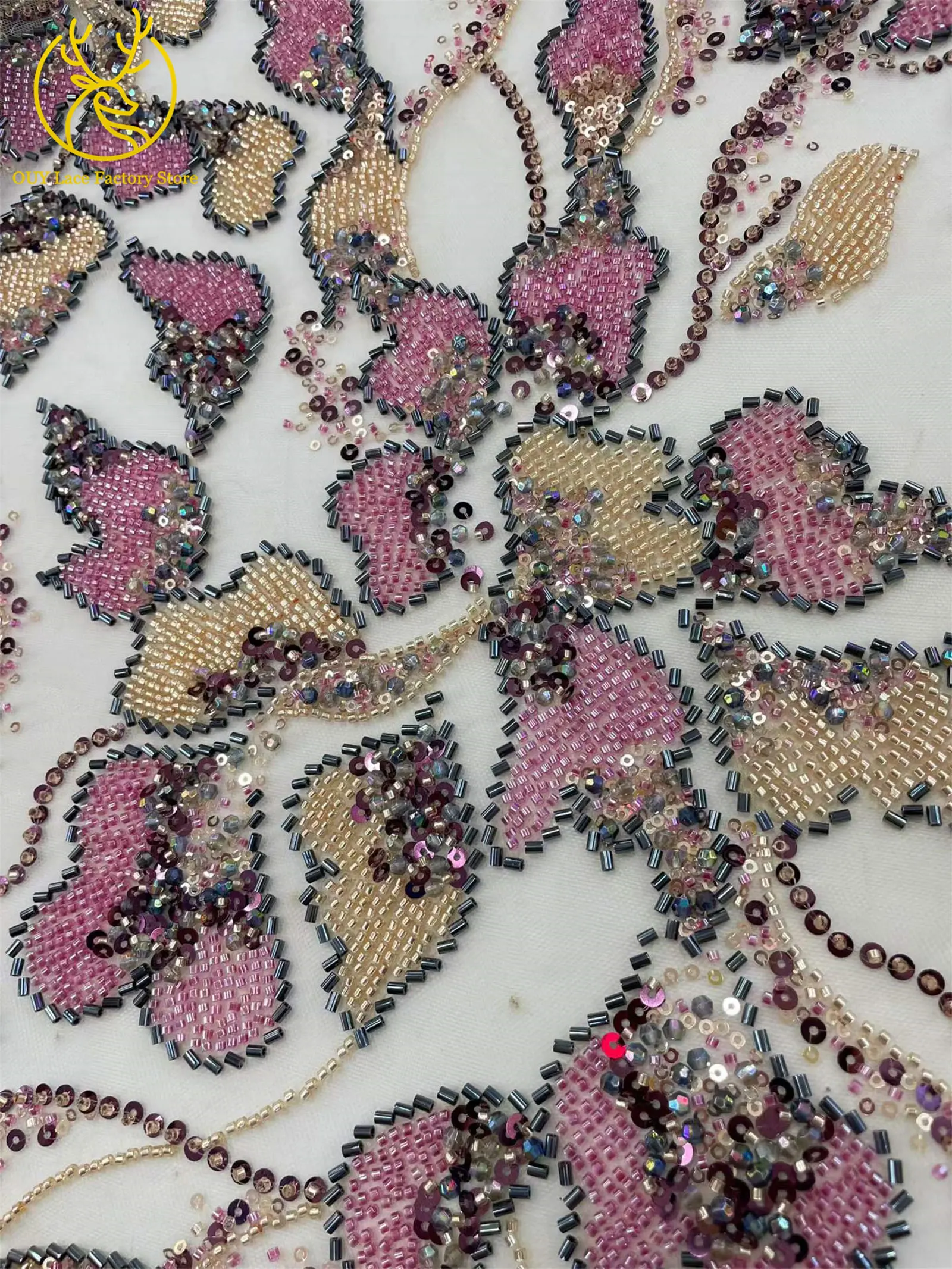Heiß begehrter französischer Stickerei-Spitzenstoff mit Perlen und Pailletten, 5 Yards, afrikanischer Spitzenstoff, nigerianische Spitze für Brautkleider und Hochzeitsfeiern – Detail 6