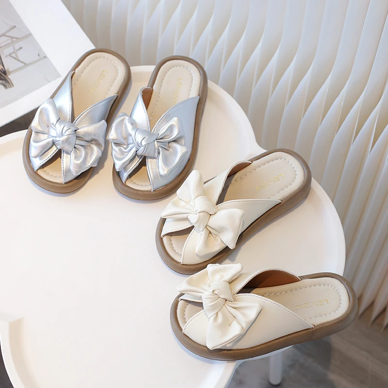 

Summer Girl's Slippers Bowtie Peep Toe Platform Pu Leather Kids Sliders Non-slip Leisure Fashionable Comfy Children Shoes 21-35