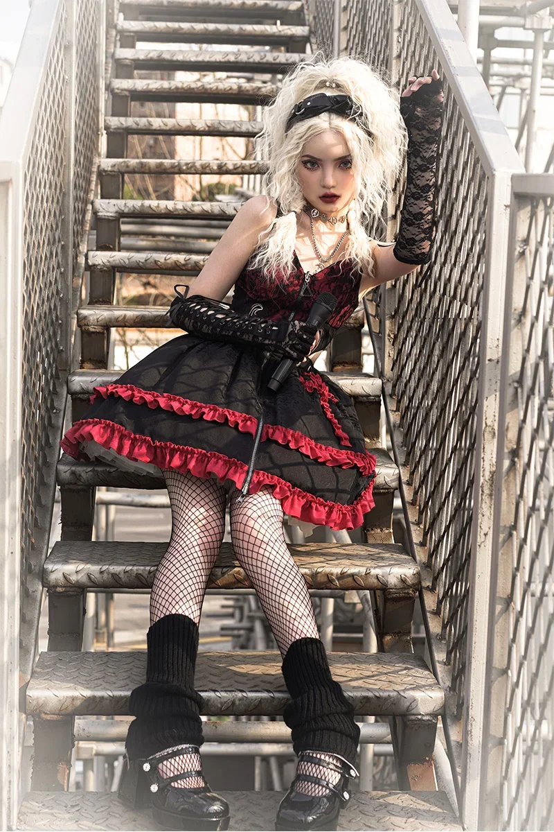 Original gótico escuro harajuku preto e vermelho lolita vestido para mulher fino-ajuste zíper em camadas curto suspender vestido jsk vestidos