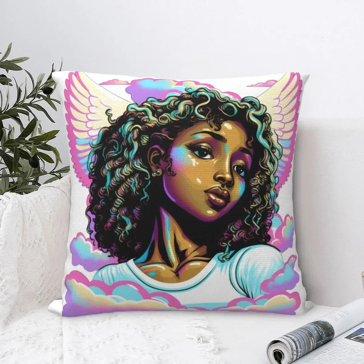 Celestial Beauty African American Angel Woman Pastel Clouds Square Pillowcase Cover Pillow Case Velvet Throw Pillow cover